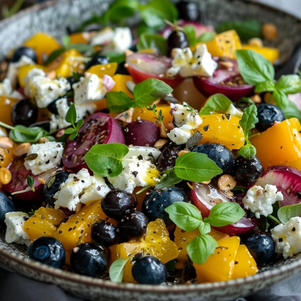 Fruchtig-frischer Blaubeer-Pfirsich-Salat